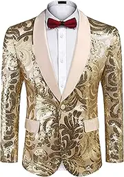 [SWJGLITTR] Men Sequin Tuxedo Blazer Jacket One Button Party Festival Tuxedo Coat Regular Wedding Party Prom Suit, Gold 1, 3X-Large