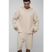 Mens Stone Tall Waffle Knitted Oversized Hoodie & Short Set
