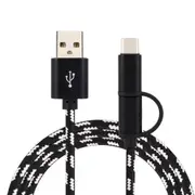 3 Pcs 2 in1 Micro Type-C Fast Charging Nylon Weave Data Cable With Packaging Tiger Pattern BLACK COLOUR