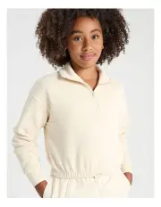 [Tilii] 1/4 Zip Cropped Sweat Top in Stone
