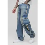 Mens Stonewash Tall Acid Wash Pleat Knee Cargo Jeans