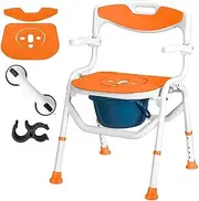 Durable Toilet Chair Bedside Commode Folding Toilet Seat Chair Removable Pail with Arms and Back Height Adjustable for Adults and Seniors