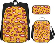 [WURTON] Women Smiling And Biting Her Red Lips Print Adjustable Shoulder Straps Backpack Set Lunch Bag Pencil Case Combination Bags Set