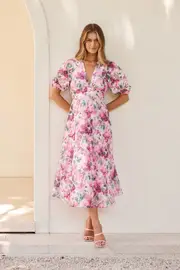 Women's Cocktail Opulence Midi Dress Half Sleeve in multicolor Multi Pink Floral Organza 8