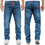 Cipo & Baxx Men's Blue Jeans Straight Fit 5-Pocket Contrast Stitch Red Patches