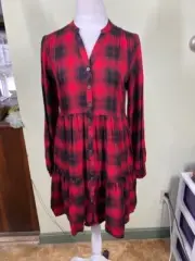 Knox Rose Buffalo Plaid Dress Sz XS Black Red Button Front Tiered Rustic Country