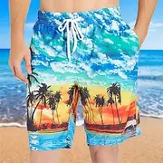 Men's Coconut Tree Print Swimming Trunks Bathing Suit Board Shorts Mid Waist Hawaiian Casual Athleisure Daily Holiday Pocket Drawstring with Mesh lining Design