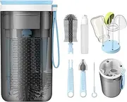 YOTIME Travel Baby Bottle Brush Set, Included Silicone Bottle Brush, Nipple Cleaner Brush, Straw Brush, Soap Dispenser and Drying Rack, Blue