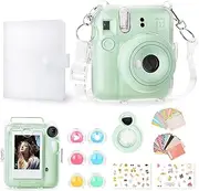 Rieibi Accessories for Fujifilm Instax Mini 12, Gift Bundle Includes Clear Instax Mini 12 Case with Strap, Mini Photo Album, Selfie Mirror, DIY Stickers, Color Filter (No Camera) - Green
