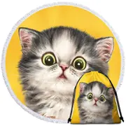 Cute Confused Kitty Cat over Yellow Round Beach Towel