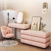 Vanity Desk with Mirror,Telescopic Dresser with 8 Drawers and 1Chair,3 Lighting Modes,Makeup Vanity Table Lots Storage,Gifts for Girls(C,Pink_120CM)