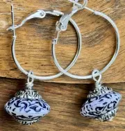 Etched Vintage Blue Bead & Silver Hoop Earrings. Light Weight, Fun To Wear.