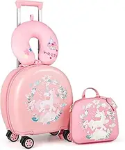 [HONEY JOY] Kids Luggage Set, 14 Inch Toddler Luggage & Backpack Set, Neck Pillow, Luggage Tag, Airplane Approved, 4 Piece Spinner Travel Luggage for Boys Girls