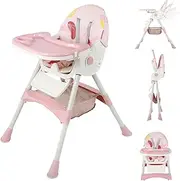 3 in 1 Baby High Chair,Foldable Portable Baby Highchair Adjustable 5 Point Harness, Tray, Foot Rest, Multifunctional Infant Highchair for Babies & Toddlers