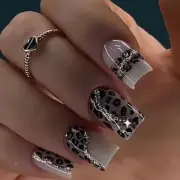24Pcs French Tip Press on Nails Medium Fake Nails with black leopard print