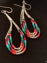 Turquoise & Coral 3 Strand Heishi Liquid Sterling Silver Dangle Earrings 02001