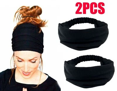 2PCS Yoga Hair Band Head Scarf Wrap Elastic Band Bandana Cap Black Headwrap