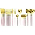 Flatware Serving Set 24 Piece, Stainless Steel Silverware Set, Pink Gold Cutl...