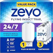 [Zevo] Flying Insect Trap & 3 Cartridges - Plug in Fly Trap & Indoor Bug Catcher for Gnats, House & Fruit Flies - Mess-Free - Use in Any Room - Uses Blue & UV Light (1 Plug in Device & 3 Cartridges)