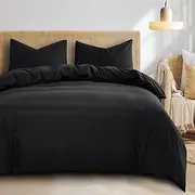 Wake In Cloud - Black Quilt Cover Set, 1000TC Ultra Soft Microfiber Doona Cover Bedding Set in Solid Plain Colour (3pcs, Double Size)
