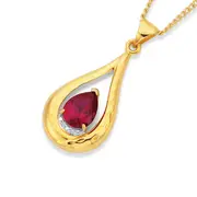 9ct Gold Created Ruby & Diamond Pear Shape Teardrop Pendant in Red