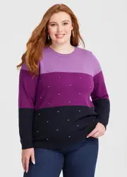 [Virtuelle] Taking Shape Colour Block Crew Neck Jumper Size 10 in Navy / Purple Multi, Viscose - Plus Size Women's Clothing Navy / Purple Multi