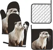4 pcs Oven Mitts and Pot Holders Set 500°F Heat Resistant Oven Gloves and Hot Pads Kitchen Mittens Otter Cooking Gloves Potholders for Baking Grilling