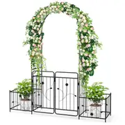 Costway 2.2m Garden Arch Lockable Gate w/Side Planter Wedding Party Decoration Black