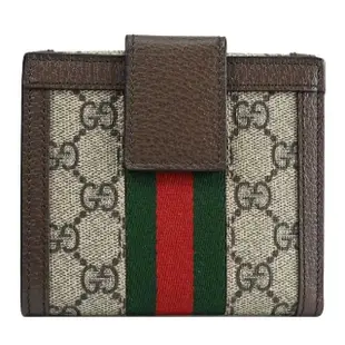 【GUCCI 古馳】經典雙G緹花條紋織帶拼接雙面扣式零錢短夾(咖)