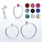 22G 1/4" Spiral .925 Sterling Silver Hoop Crystal Top Nose Ring Tragus Piercing