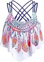 [Generic] Women Shorts Suit Women Overlay Flounce Crisscross Feather Print Strappy Padded Swim Top Tall Swimsuits for Women Long Torso