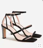 J. Crew NIB Ava Strappy Glitter Heels in Satin - Black - Size 9