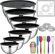 FORYUSE 7Pcs Mixing Bowls Set with Airtight Lids, 3 Grater Attachments, Rolling Pin Mat, Stainless Steel Nesting Bowl Size 4.6, 3.5, 2.6, 2, 1.5, 1, 0.7QT for Kitchen Baking Serving