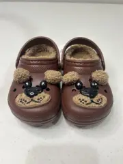 Size C10 Crocs Kids Classic Fur Lined Brown Teddy Bear Clog Slip On Shoe