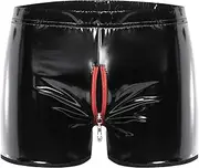 [Syhzlz] Mens Shiny Leather Boxer, Sexy Below Open Crotch, Wetlook PU Leather, Comfort Stretch Waistband