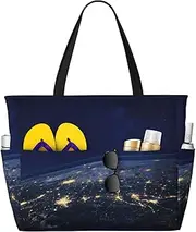 [Ghjkfbf] View Of Earth Print Large Capacity Beach Travel Bag For Family, Beach Tote Bag For Women With Zipper Pockets, Black, One Size