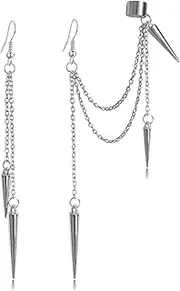 [ANDPAI] Unique Lightweight Black Silver Punk Long Tassel Chain Ear Cuff Earrings 316L Stainless Steel Vintage Barrel Nails Crawler Climer Dangle Drop Stud Earrings for Men Women Unisex