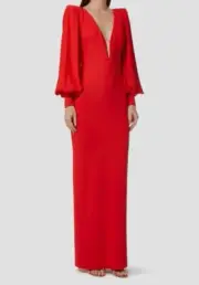 $2400 Alex Perry Women's Red Silk V-Neck Crepe Carlin Gown Dress Size 16