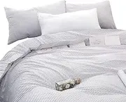 Wake In Cloud - Striped Quilt Cover Set, 100% Cotton Doona Cover Bedding Set, Grey Vertical Ticking Stripes Pattern Printed on White, Zipper Closure (3pcs, Queen Size)