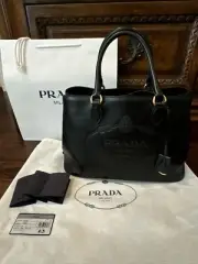 NEW Prada Borsa A Mano Leather Embossed Tote Handbag Purse Black & Gold Hardware
