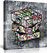 [SIXTTART] Banksy Canvas Wall-Art for Bedroom - Street Graffiti Wall Art Abstract Painting Pop Art Wall Decor Modern Home Office Decor 14" W x14 H Stretched and Framed Ready to Hang
