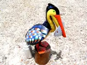 Metal Art Pelican Bird with fish, Hand painted and Distressed, Junk Iron Art, M