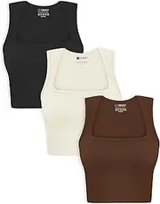 [OLCHEE] Womens 3 Pack Crop Tank Tops Seamless Ribbed Square Neck Tapered Shoulder Strap Sleeveless Workout Top Summer Shirts