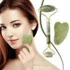 Natural Jade Crystal Beauty Face Facial Roller Massager Tool + Gua Sha Board Set