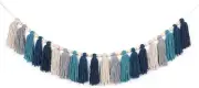 Navy Blue Yarn Tassel Garland with Wood Beads Boho Coastal Wall Hanging