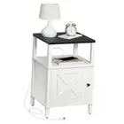 Farmhouse Nightstand with Charging Station, White Bedside Table Black + White