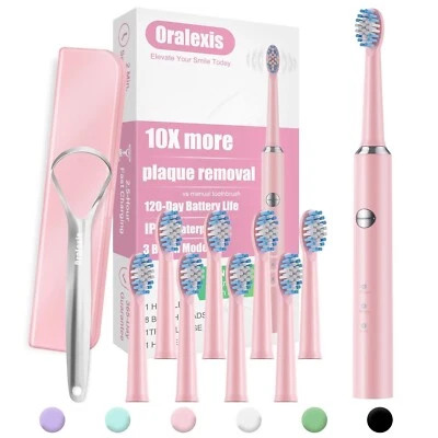 Toothbrush for Adults and , with Tongue Scraper and 8 Brush Heads, Fast Charg...