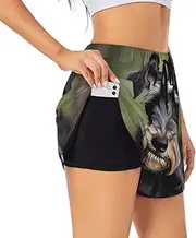 [WURTON] Adorable Schnauzer Print Exercise Gym Workout Shorts Women's Athletic Shorts Dual-Layered Yoga Running Shorts