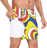 [GuoChe] Mens Swimming Shorts Men's 2 Layer Running Shorts Wavy Circles with Pockets and Compression Liner Yoga Shorts Quick