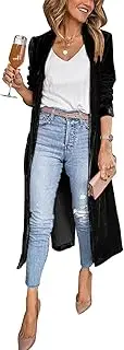 [Flygo] Women's Long Velvet Cardigan Jacket Lapel Collar Open Front Vintage Maxi Duster Blazer with Pockets